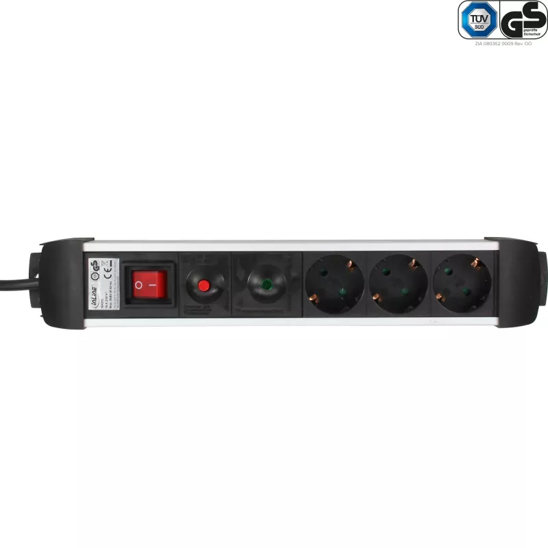 InLine® Aluminium Power Strip, 3-Way, Safety Socket, Illuminated Switch, 1.5m