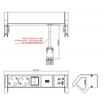 Bachmann DESK2 White Desk Power Module with 2 Schuko Sockets and USB-A/C 22W, 0.2m GST18