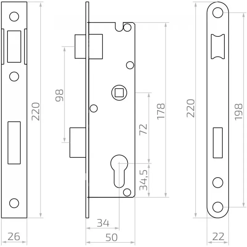 PSG 63.211 L/P Mortise Lock with Latch and Deadbolt, Reversible, 220 x 22 mm Faceplate, 72 mm PZ, 50 mm Backset, Zinc-Plated Steel