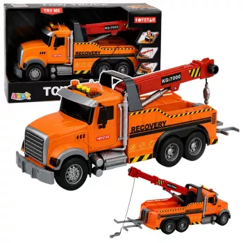 LEAN TOYS Truck with Crane Roadside Assistance Hook Lights Sounds Orange 1:18