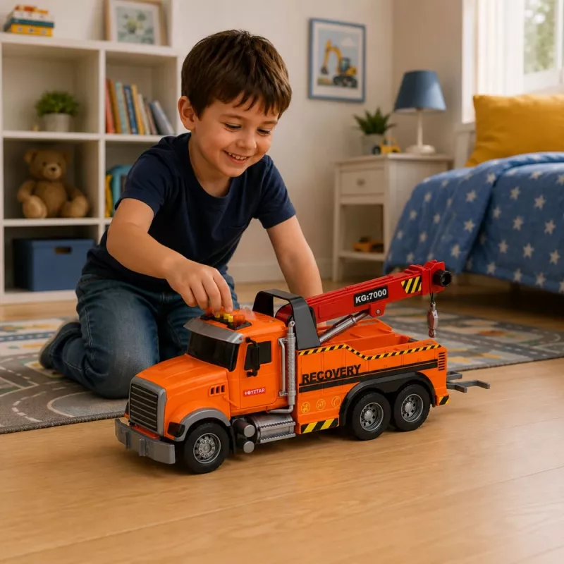 LEAN TOYS Truck with Crane Roadside Assistance Hook Lights Sounds Orange 1:18