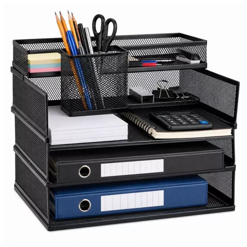 LEAN Metal Multi-Level Organizer Shelves for Documents and Accessories, 3-Tier Mesh Desk Organizer, Black
