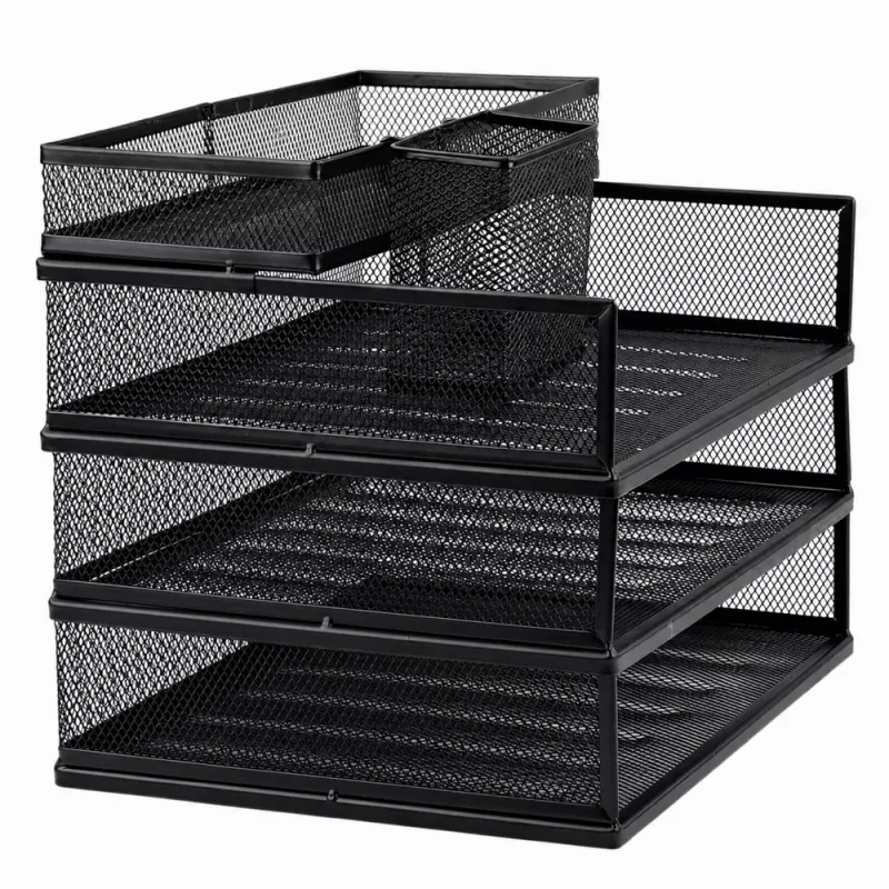 LEAN Metal Multi-Level Organizer Shelves for Documents and Accessories, 3-Tier Mesh Desk Organizer, Black