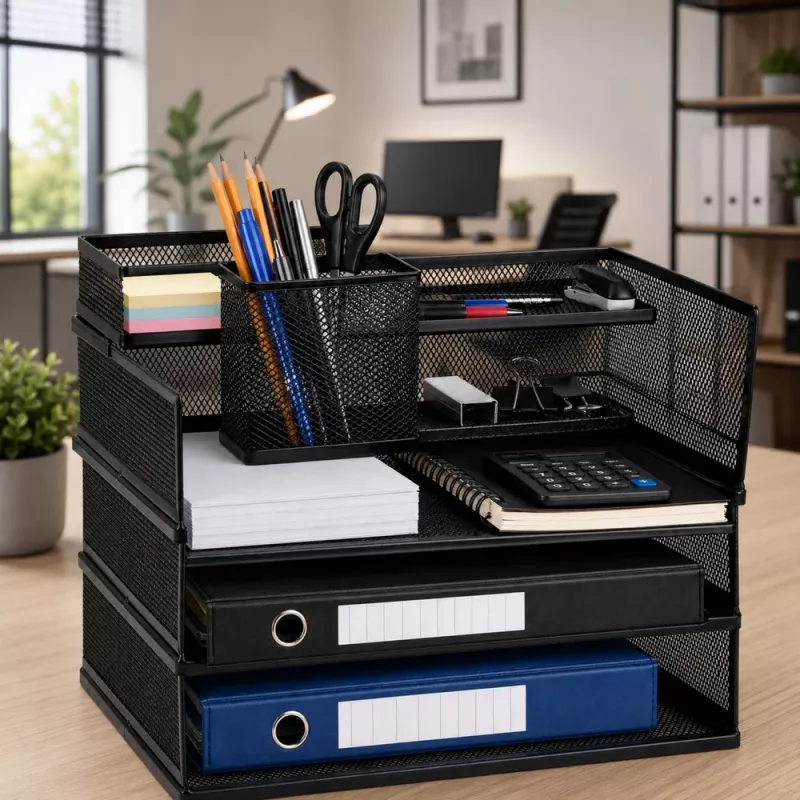 LEAN Metal Multi-Level Organizer Shelves for Documents and Accessories, 3-Tier Mesh Desk Organizer, Black