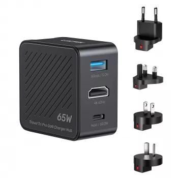 UNITEK P1242ABK01 GaN 3-in-1 Travel Charger Hub 65W with 4K@60Hz HDMI, USB-A and USB-C