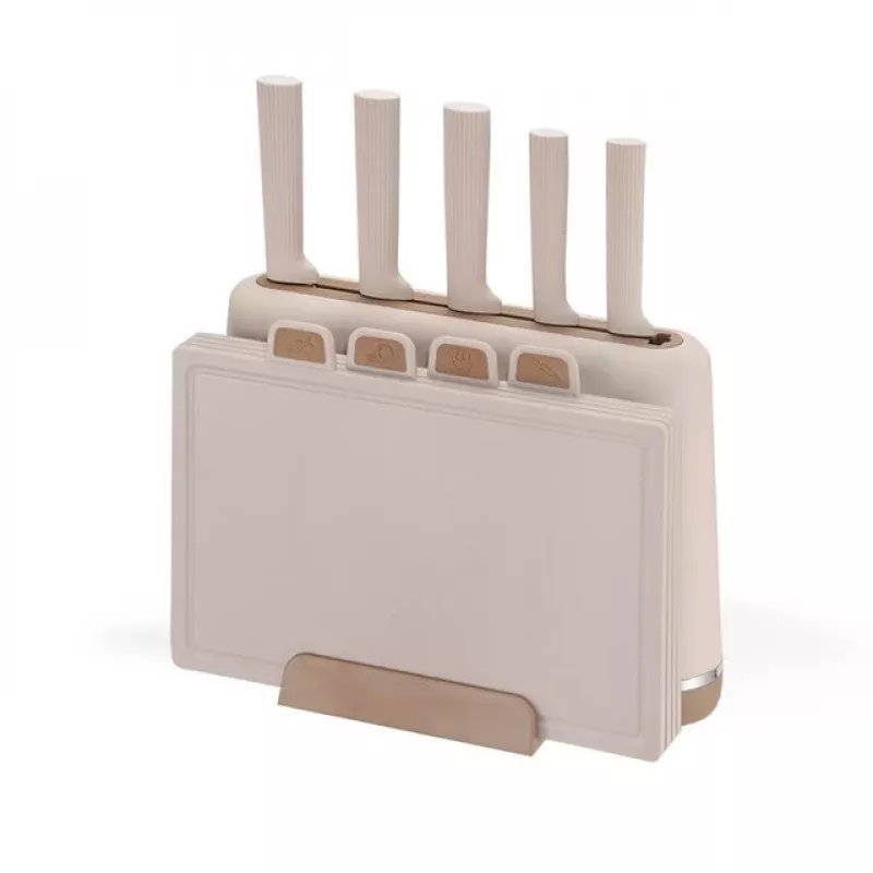 MEO MR-1412-BEIGE MAESTRO Knife Set with Cutting Boards and Stand, 5 Knives, 2 Boards, Beige
