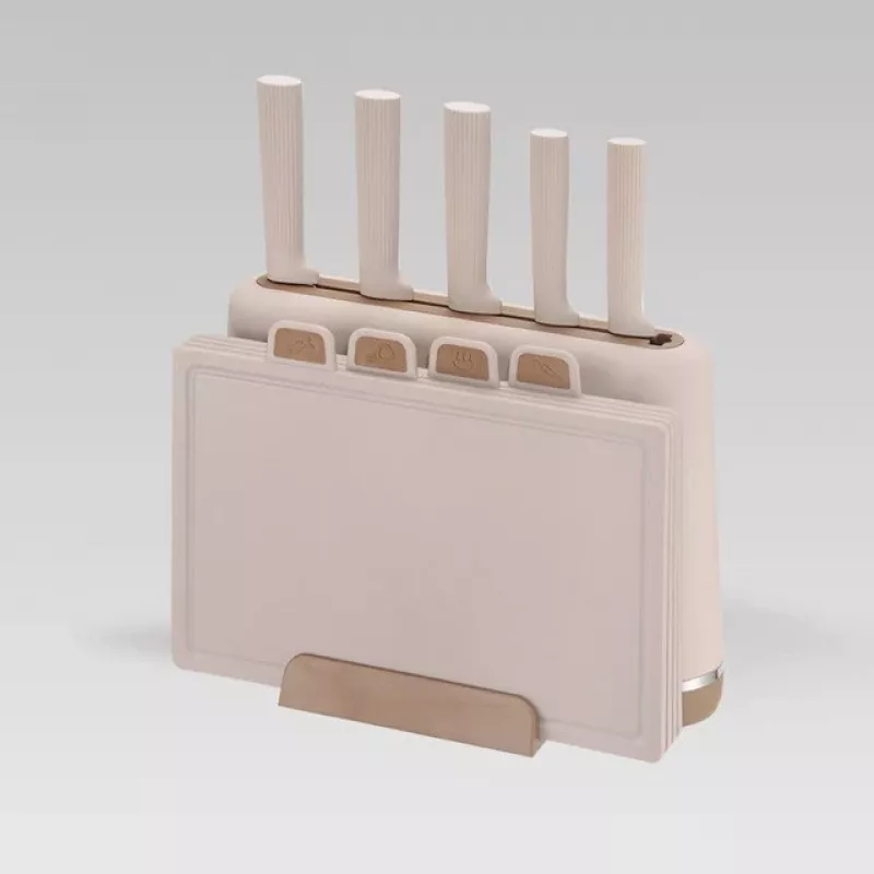 MEO MR-1412-BEIGE MAESTRO Knife Set with Cutting Boards and Stand, 5 Knives, 2 Boards, Beige