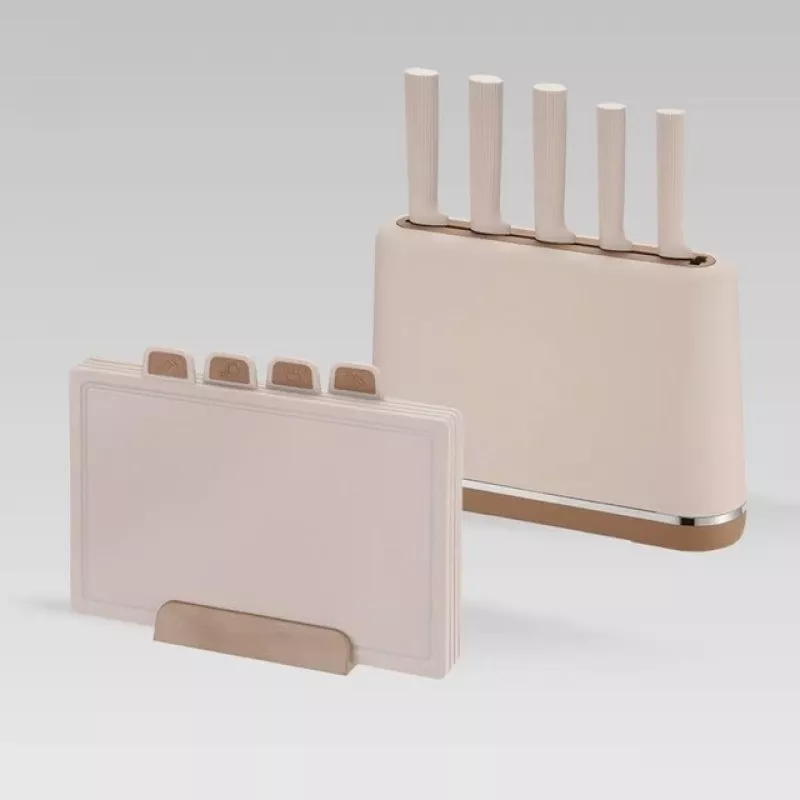 MEO MR-1412-BEIGE MAESTRO Knife Set with Cutting Boards and Stand, 5 Knives, 2 Boards, Beige