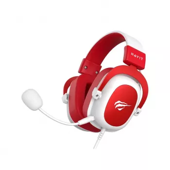 HAV H2002d Wired Gaming Headset with 50mm Drivers, RGB LED, Noise-Isolating Microphone, White/Red