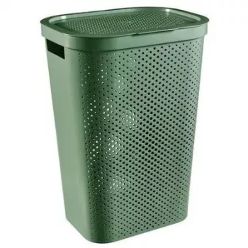 CURVER Infinity Recycled 60L Laundry Box, Green, 44x35x60 cm, Ventilated Recycled Plastic Hamper with Lid and Handles
