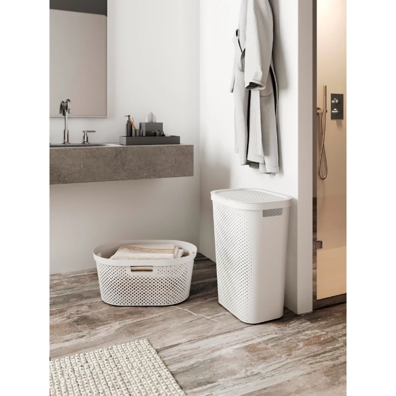 CURVER Infinity Recycled 60L Laundry Box, Green, 44x35x60 cm, Ventilated Recycled Plastic Hamper with Lid and Handles