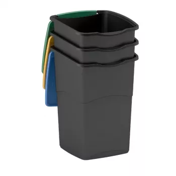 CURVER Koral 47L 3-Piece Waste Bin Set – Black with Mixed Colour Lids, Swing & Flip Lids, Removable Inner Buckets, Indoor Recycling