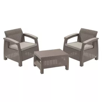 KETER Garden Furniture Set Corfu Weekend Beige - 2 Armchairs & Coffee Table, Rattan-Look Outdoor Lounge Set