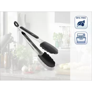 LEIFHEIT Kitchen and Grill Tongs 23 cm, Stainless Steel with Black Plastic Handles, Locking Mechanism, Dishwasher Safe