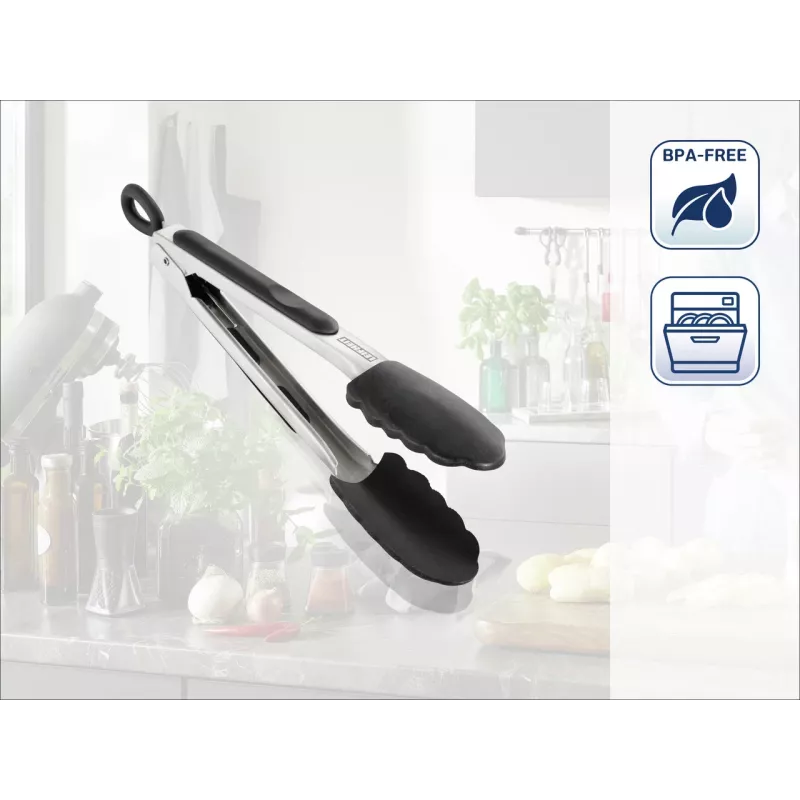 LEIFHEIT Kitchen and Grill Tongs 23 cm, Stainless Steel with Black Plastic Handles, Locking Mechanism, Dishwasher Safe