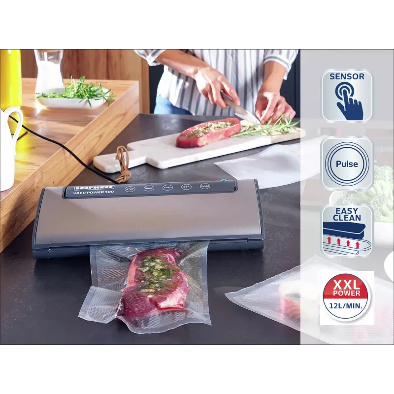 LEIFHEIT Vacu Power 500 Vacuum Sealer, 120 W, White/Grey, Includes 10 Bags and Vacuum Hose
