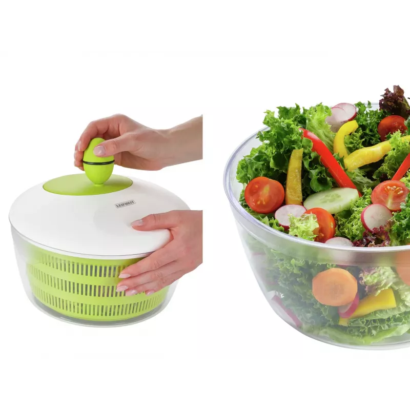 LEIFHEIT Salad Dryer Trend 4.5L Crank-Driven Salad Spinner with Serving Bowl, Green Lid