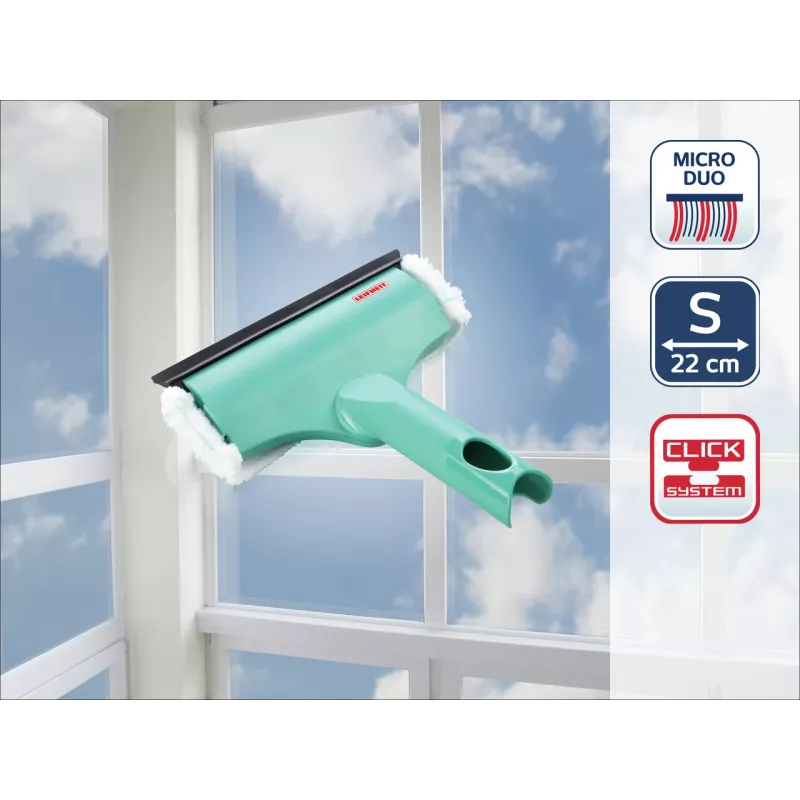LEIFHEIT Window & Frame Cleaner 3in1 Mini micro duo - 20 cm Microfiber Head with Integrated Squeegee, Click System Compatible