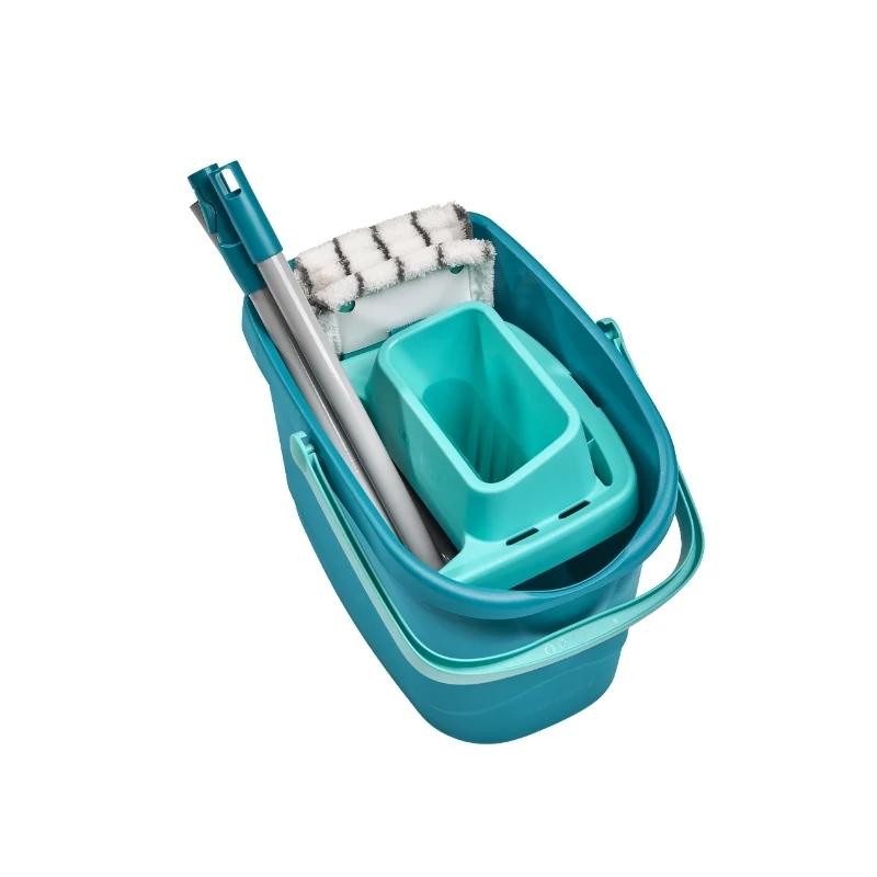 LEIFHEIT Clean & Compact Floor Cleaning Set with Flat Mop and Foot-Operated Wringer, 8L Bucket, Microfiber Head, 33cm, White/Blue