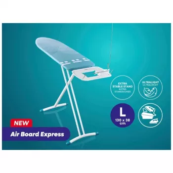 LEIFHEIT Air Board Express L Solid Ironing Board 130x38 cm with Thermo-Reflect Technology, Height Adjustable 75-98 cm, Foldable, Shoulder-Fit Shape, Non-Slip Feet, Iron Rest, Cable Holder, White/Blue