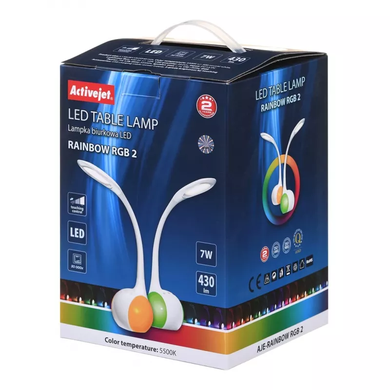 Activejet AJE-RAINBOW 2 LED Desk Lamp with RGB Base, Flexible Arm, Dimmable, Touch Control, 7W Main Light, 350lm, 2800K-6500K, Black