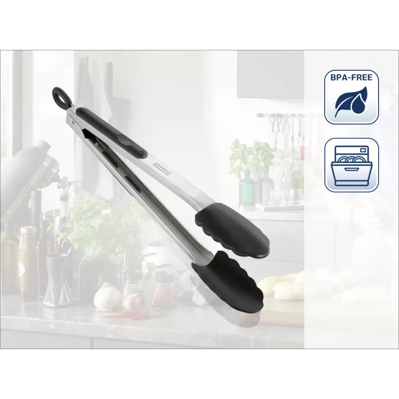 LEIFHEIT Kitchen and Grill Tongs 31cm, Stainless Steel with Silicone Tips, Heat-Resistant to 260°C, Locking Mechanism, Dishwasher Safe