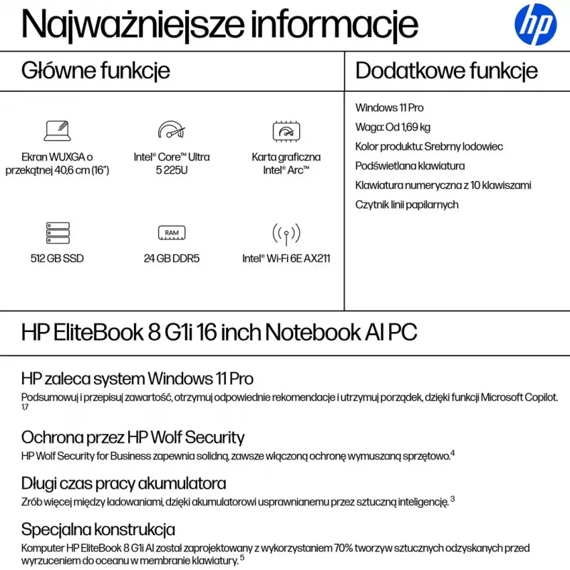 HP EliteBook 8 G1i 16 inch WUXGA Laptop - Intel Core Ultra 5 225U, 24GB RAM, 512GB SSD, Windows 11 Pro, Silver