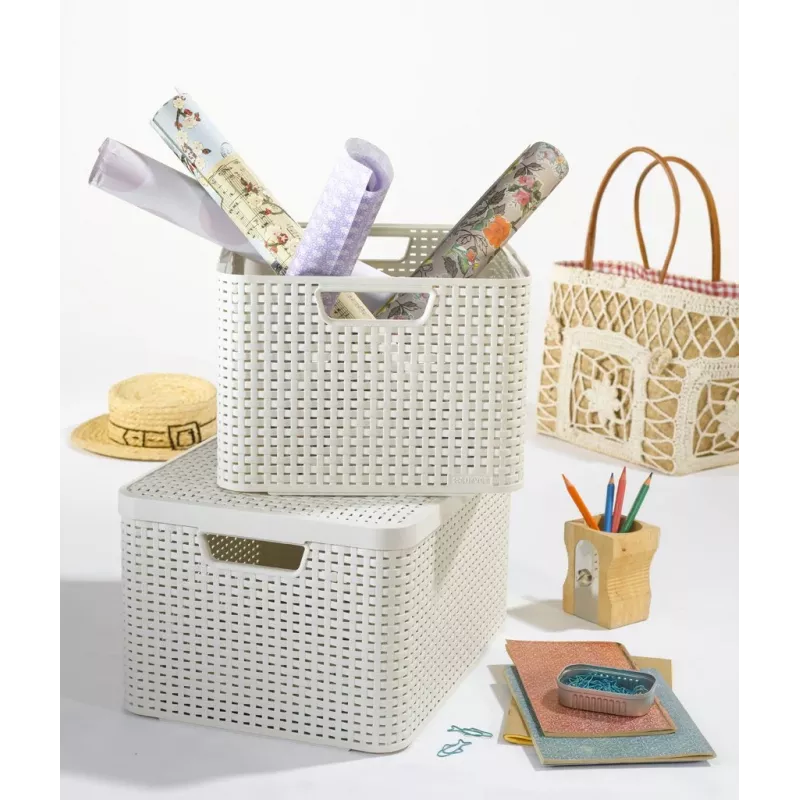 Curver Style M 17L Storage Box with Lid, Rattan Effect, Cream