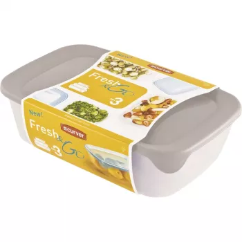 Curver Fresh & Go Food Bowl Set, 3 Rectangular Containers, 2L + 1L + 0.5L, Transparent with Coloured Airtight Lids