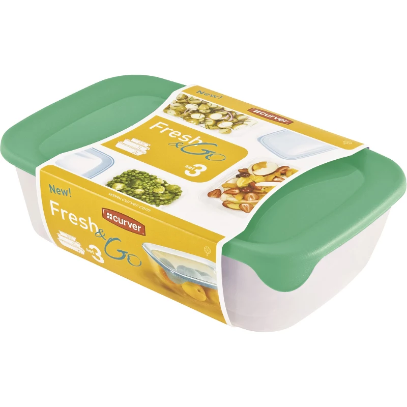 Curver Fresh & Go Food Bowl Set, 3 Rectangular Containers, 2L + 1L + 0.5L, Transparent with Coloured Airtight Lids