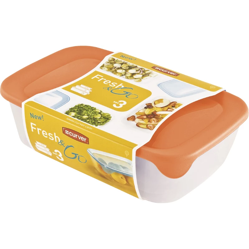 Curver Fresh & Go Food Bowl Set, 3 Rectangular Containers, 2L + 1L + 0.5L, Transparent with Coloured Airtight Lids