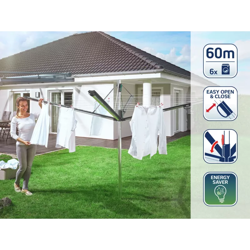 LEIFHEIT Linomatic 600 Plus Rotary Tumble Dryer, 60 m Drying Line, Aluminium Frame, Automatic Line Retraction, Silver/Grey