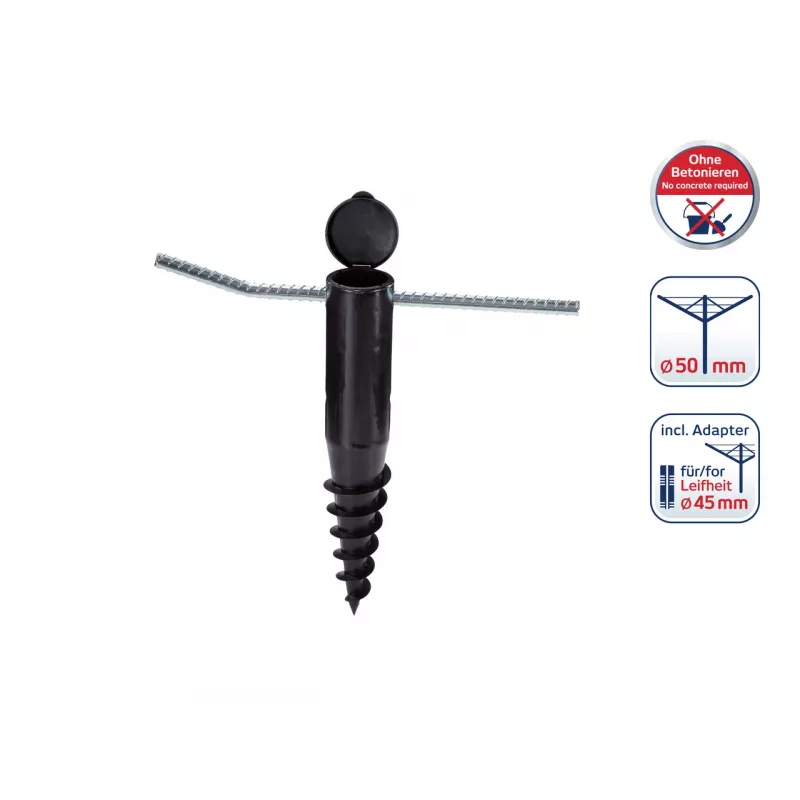 LEIFHEIT Screw-in Ground Anchor for Rotary Dryers, Galvanized Steel, 50 mm Pole, 44 cm, Green Lid