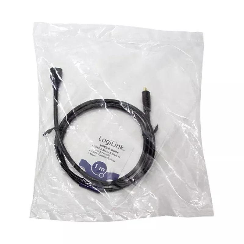 LogiLink CU0121 USB 2.0 Micro-B Male to Micro-B Female Extension Cable, 1 m, Black