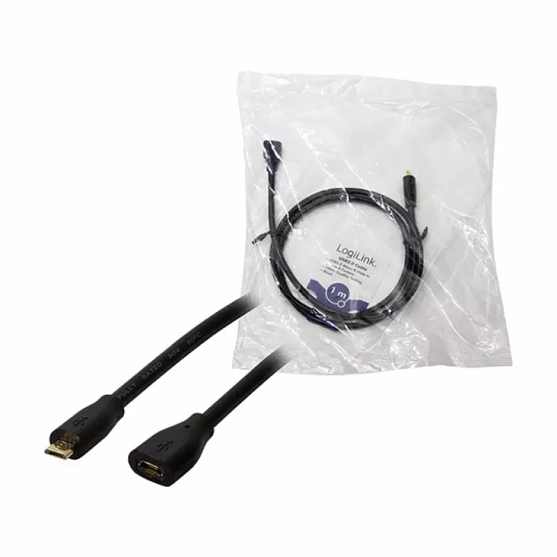 LogiLink CU0121 USB 2.0 Micro-B Male to Micro-B Female Extension Cable, 1 m, Black