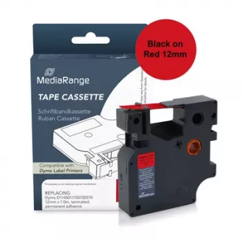 MediaRange Plastic Label Tape Cassette for Dymo D1 45017/S0720570, 12 mm x 7 m, Laminated, Permanent Adhesive, Black on Red (MRDY45017)
