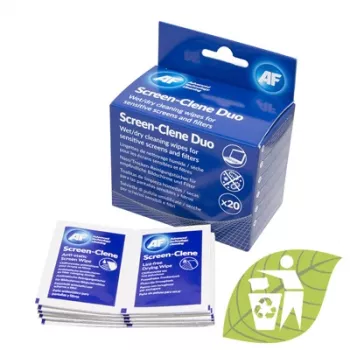 AF Screen-Clene Duo Wipes - Wet/Dry Screen Cleaning Wipes, 20 Sachets (10 Wet + 10 Dry)