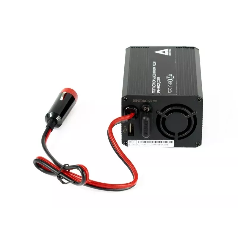 AZO Digital IPS-400 400W 12V DC to 230V AC Modified Sine Wave Power Inverter with Schuko Socket, Battery Clamps and Cigarette Lighter Plug
