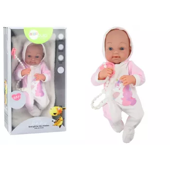 LEAN TOYS Baby Doll with Pacifier, Unicorn Bodysuit, Pink Blanket and Accessories, 35 cm