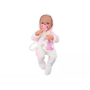 LEAN TOYS Baby Doll with Pacifier, Unicorn Bodysuit, Pink Blanket and Accessories, 35 cm