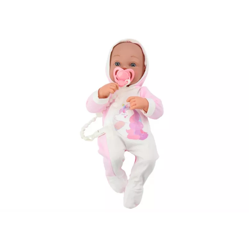 LEAN TOYS Baby Doll with Pacifier, Unicorn Bodysuit, Pink Blanket and Accessories, 35 cm