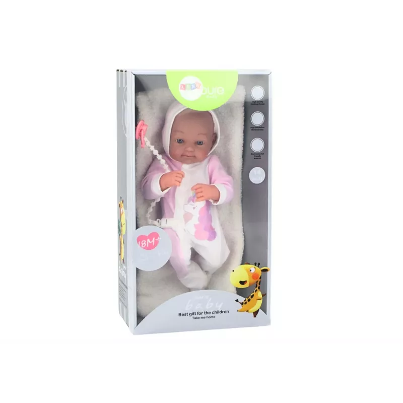 LEAN TOYS Baby Doll with Pacifier, Unicorn Bodysuit, Pink Blanket and Accessories, 35 cm