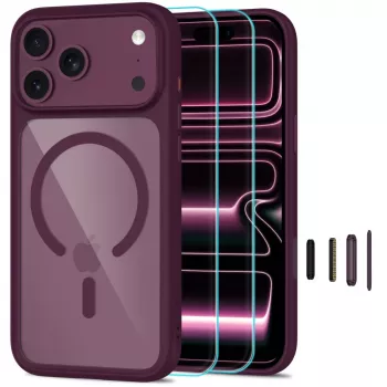 TECH-PROTECT MagOne MagSafe Case with Tempered Glass Screen Protector 2-Pack for iPhone 17 Pro Max / 18 Pro Max - Dark Cherry/Clear
