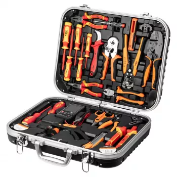 NEO TOOLS 25-Piece Electrician's Tool Case Set, VDE Insulated Hand Tools with Voltage Tester, Wire Stripper, Pliers, Screwdrivers, and Accessories in Durable Plastic Carry Case