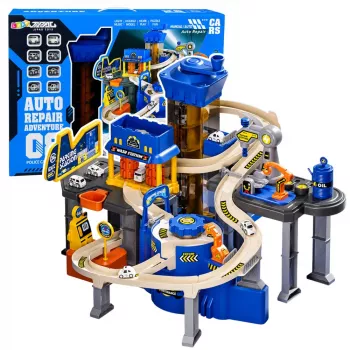 LEAN TOYS Interactive Track Car Parking Workshop Car Wash with 8 Blue Cars