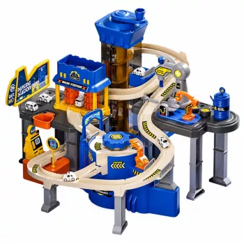LEAN TOYS Interactive Track Car Parking Workshop Car Wash with 8 Blue Cars