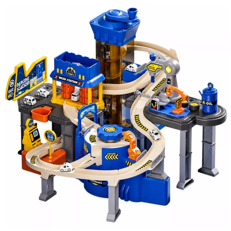 LEAN TOYS Interactive Track Car Parking Workshop Car Wash with 8 Blue Cars