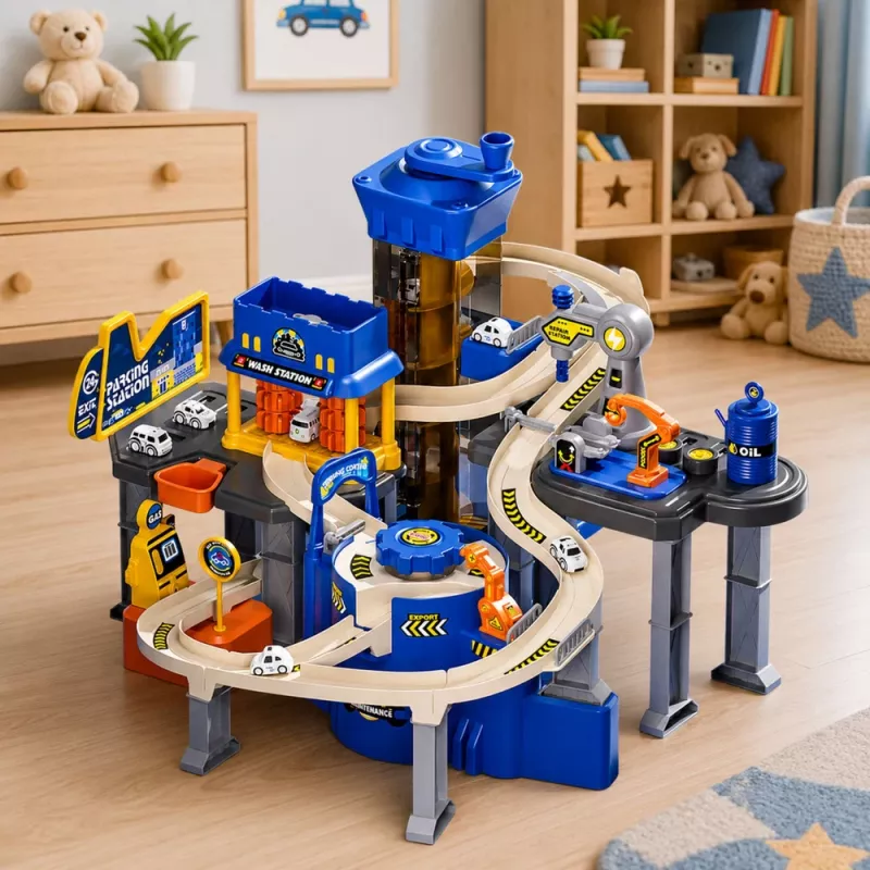 LEAN TOYS Interactive Track Car Parking Workshop Car Wash with 8 Blue Cars