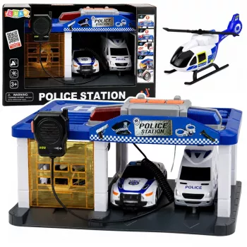 LEAN TOYS Police Station Garage with 2 Cars, Helicopter, Walkie-Talkie, Lights & Sounds | 31588