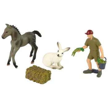 LEAN TOYS Animal Figurine Set Horse Grey Hare Farmer